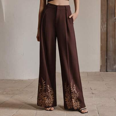 Myllard High Waist Straight Leg Floral Embroidered Casual Pants, Elegant Outfit For New Years, Festivals, Going Out | SHEIN
