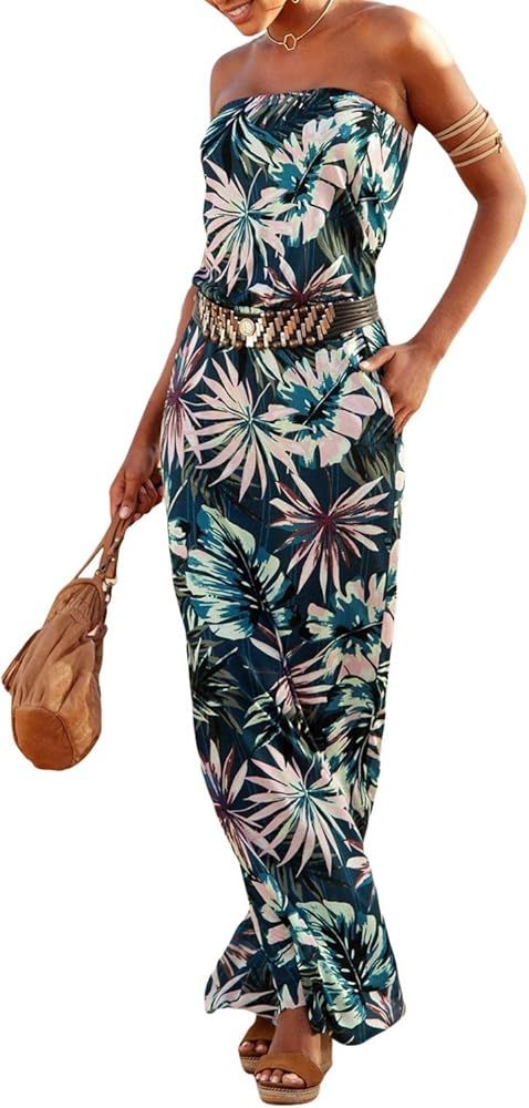 Happy Sailed Women Strapleess Floral Print Bohemian Beach Dress Casual Off Shoulder Long Dress wi... | Amazon (US)