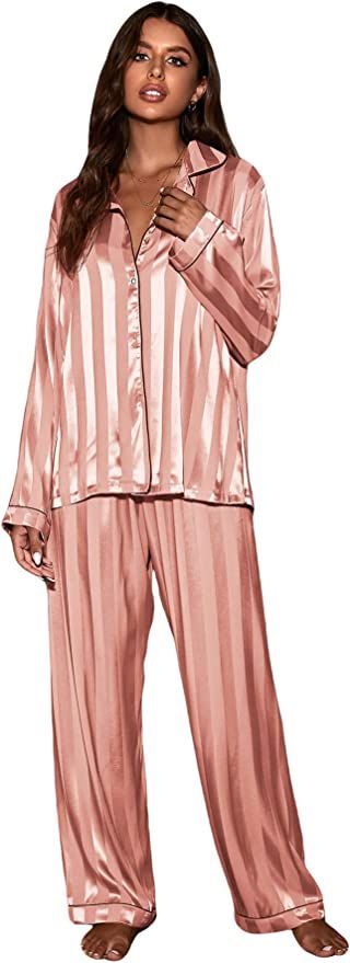 MakeMeChic Women's 2 Piece PJ Set Striped Long Sleeve Top and Pants Pajama Set | Amazon (US)