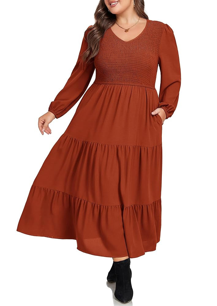 Hanna Nikole Women's Plus Size Dresses Long Sleeve V Neck Maxi Smocked Fall Casual Flowy Tiered D... | Amazon (US)