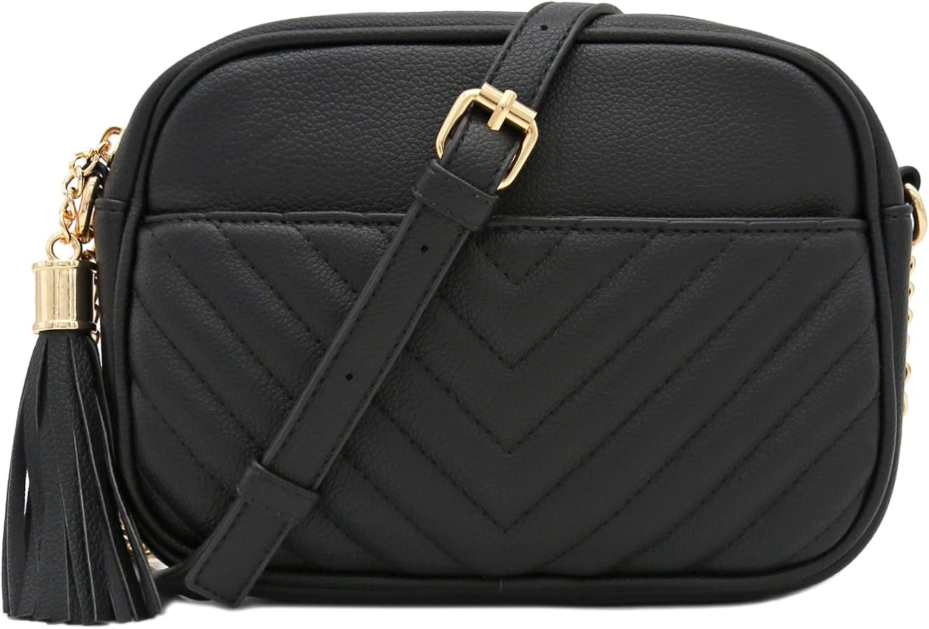 FashionPuzzle Chevron Quilted Crossbody Camera Bag with Chain Strap and Tassel | Amazon (US)