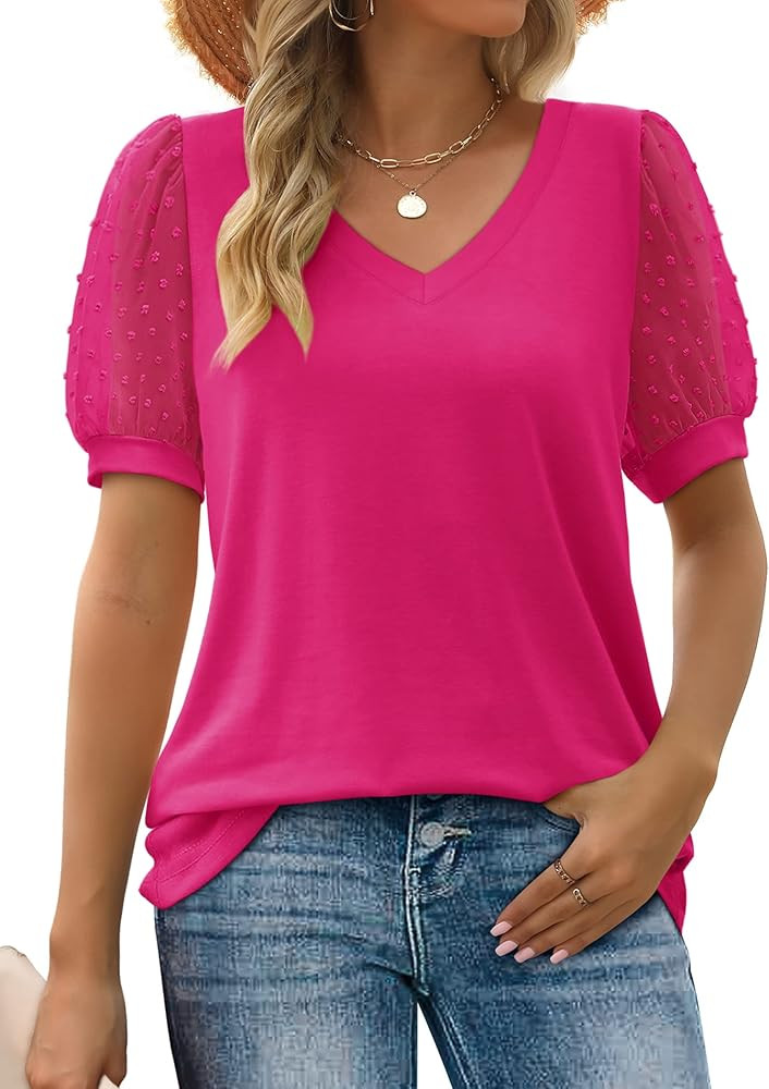 Aokosor Womens Summer Tops V Neck T Shirts Swiss Dot Puff Sleeve Tops Loose Casual Tshirts | Amazon (US)