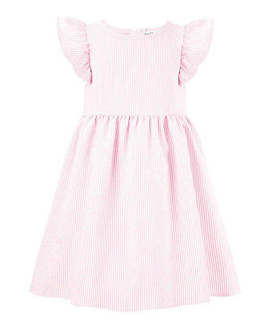 Orchid Lane Girls' Casual Dresses - Light Pink & White Seersucker Angel-Sleeve A-Line Dress - Toddle | Zulily