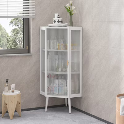 KTMBDW 3-Tier Floor Coner Cabinet with Tempered Glass Doors and Shelves, Curved Metal Corner Cabinet, 3-Side Glass Display Cabinet for Bathroom, White | Target