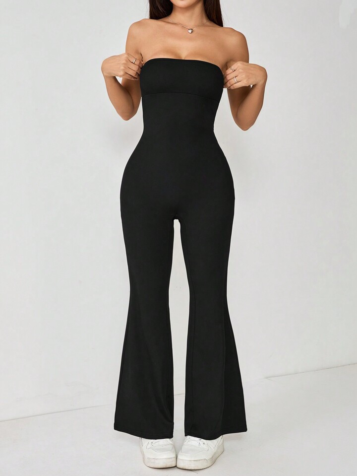SHEIN PETITE Women's Solid Color Simple Everyday Strapless Ribbed Flared Jumpsuit | SHEIN