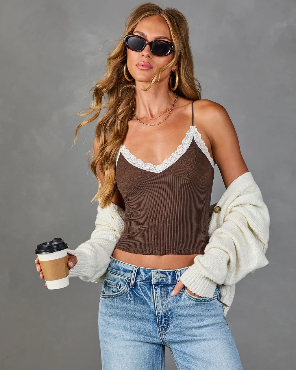 Painted Bloom Ribbed Lace Trim Cami | VICI