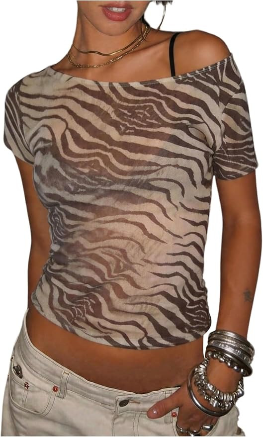 MakeMeChic Women's Zebra Mesh Top Striped Short Sleeve Tee Shirt | Amazon (US)