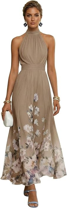 Halter Mother of the Bride Dresses for Women Long Printed Flower Pleated Chiffon Formal Dress A Line Evening Gown | Amazon (US)