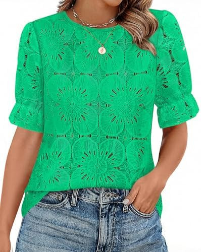 KIRUNDO Lace Tops for Women Blouses Dressy Casual Boho Eyelet Puff Short Sleeve Shirts Spring Sum... | Amazon (US)
