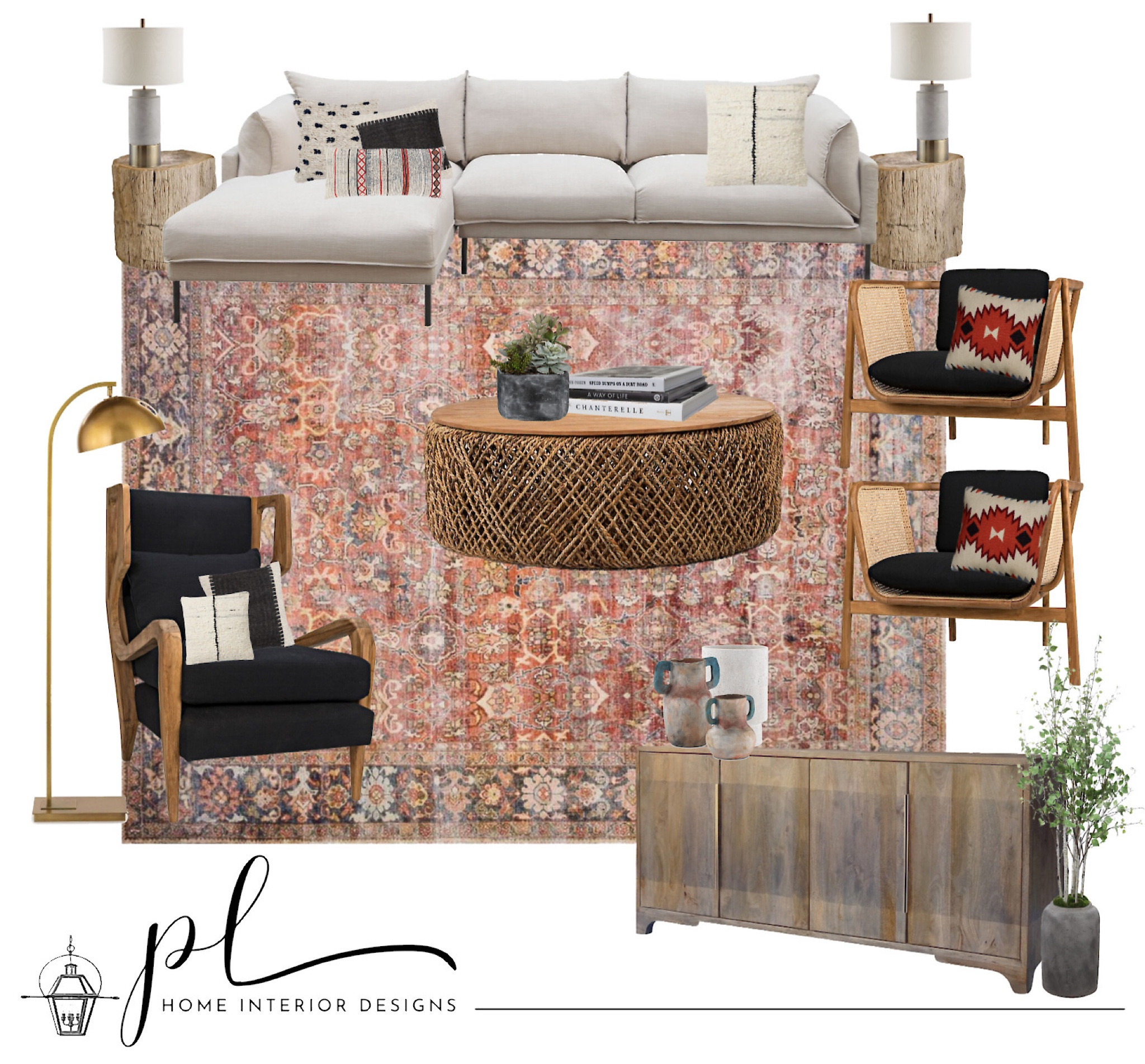 Who of us wouldn’t love an instant new living room? If that’s you, then we’ve got great timing. This sofa and rug are the starting point and the chairs and media console make the statements. Texture is added with the side tables and lamps. And the jewelry is the brass floor lamp. As for wall colors—this collection would look great with tan, grey, or white walls—and even some blues. Can you picture it?

#LTKhome