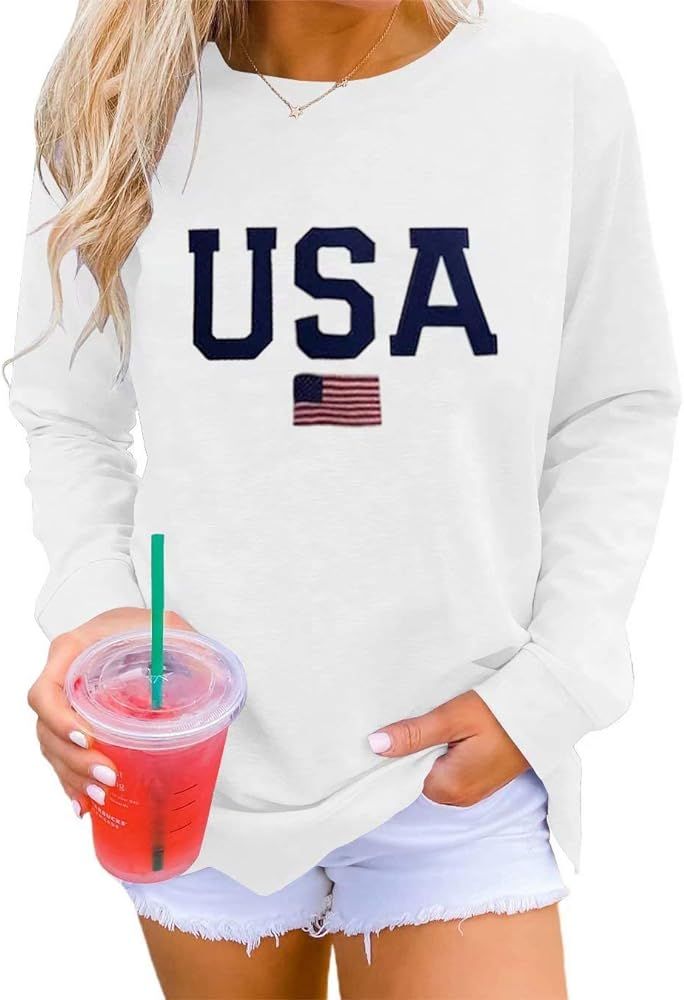 Dressmine Womens Casual Long Sleeve Graphic Tee Shirts Crew Neck Sweatshirts - Fouth Of July Outfit | Amazon (US)