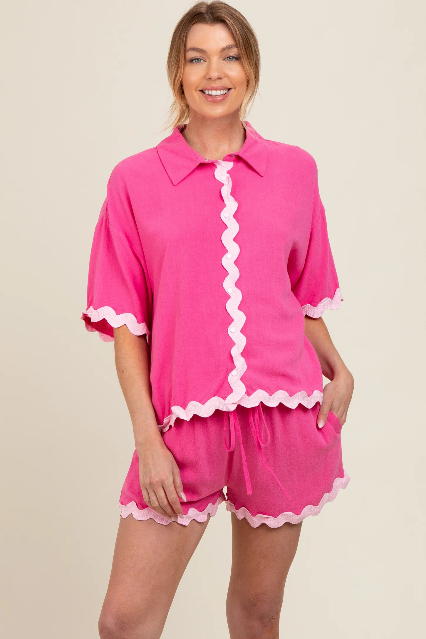 Fuchsia Ric Rac Trim Detailed Shirt and Shorts Maternity Set | PinkBlush Maternity