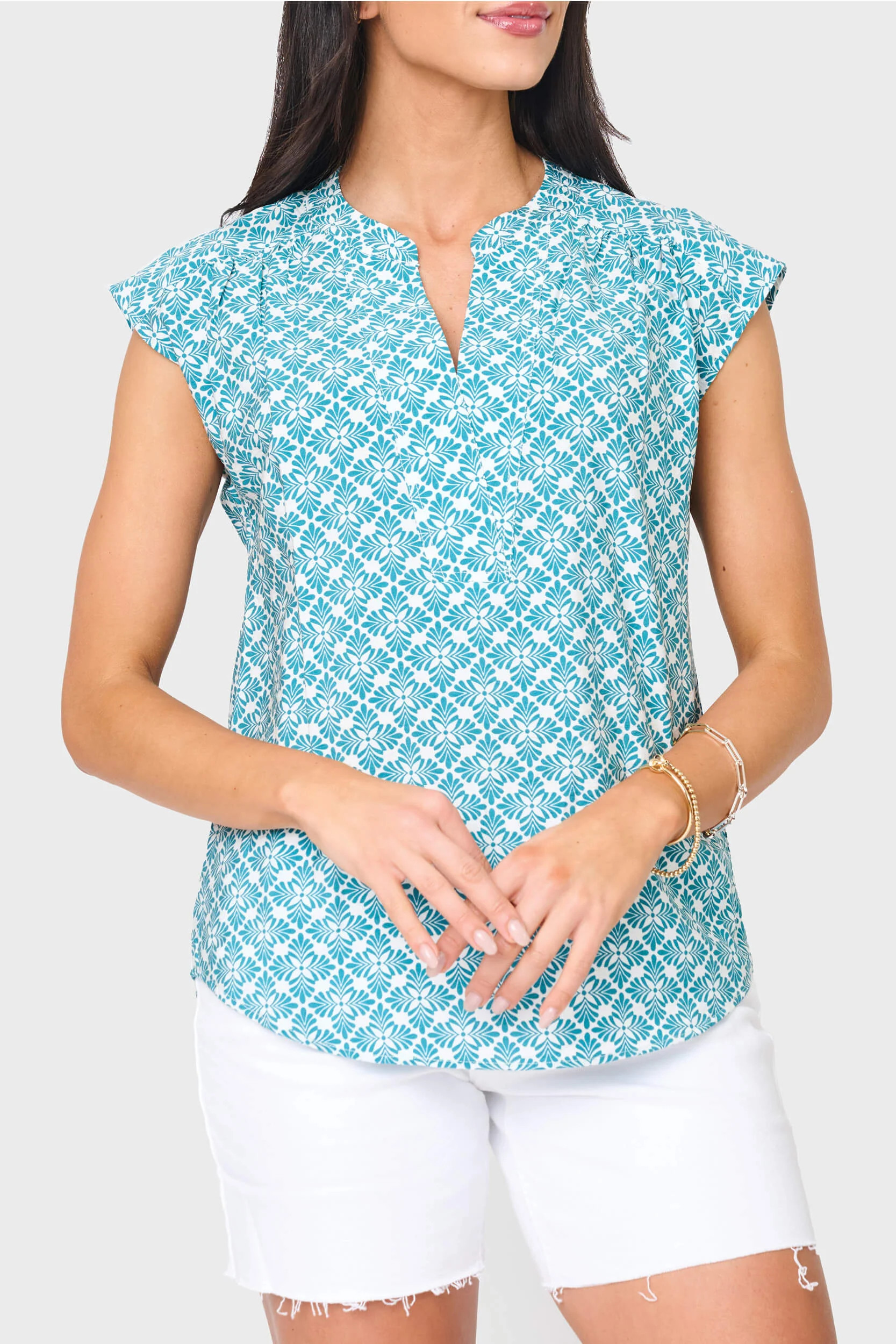 Cap Sleeve Notch Neck Blouse | Gibson