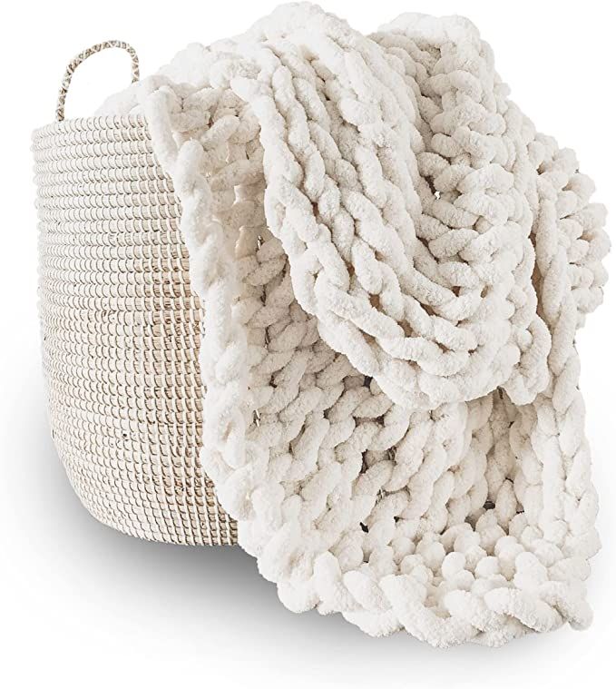 Adyrescia Chunky Knit Blanket Throw | 100% Hand Knit with Jumbo Chenille Yarn (30"x40", Cream Whi... | Amazon (US)
