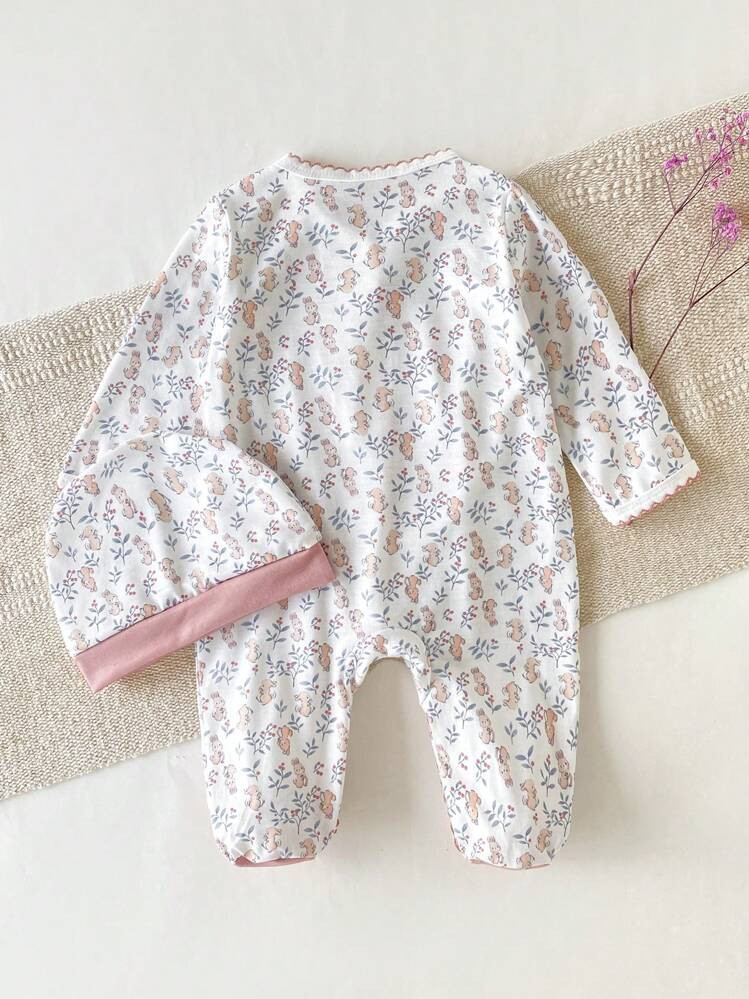 Newborn Infant Baby Girl Romper Set, 4 Seasons Lovely Rabbit Flower Ditsy Floral Pink Contrast Co... | SHEIN