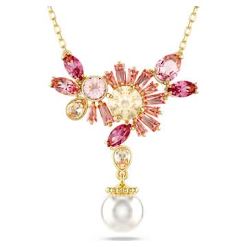 Gema pendant, Mixed cuts, Crystal pearl, Flower, Pink, Gold-tone plated by SWAROVSKI | SWAROVSKI
