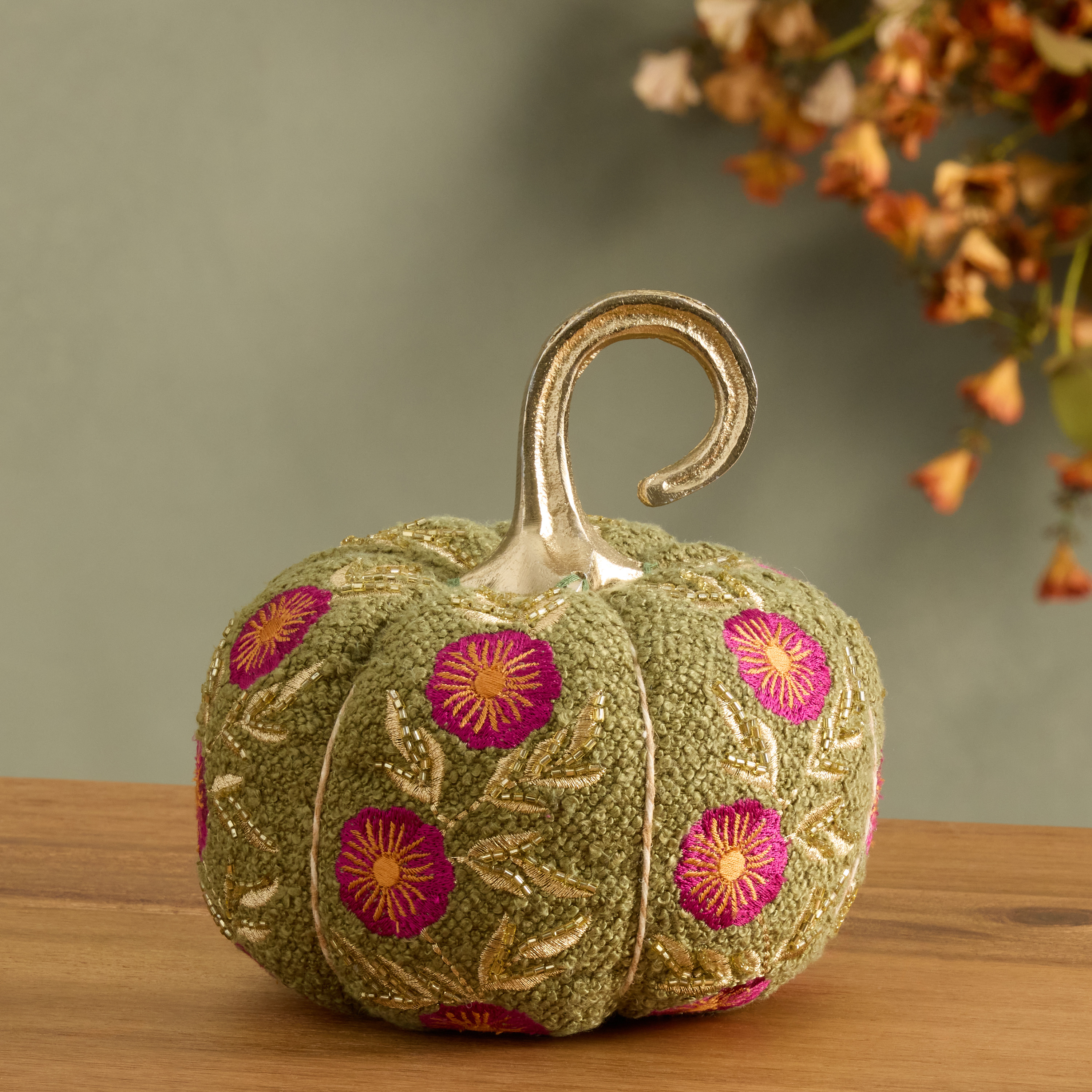 Small Boucle Floral Embroidered Pumpkin Decor - World Market | World Market