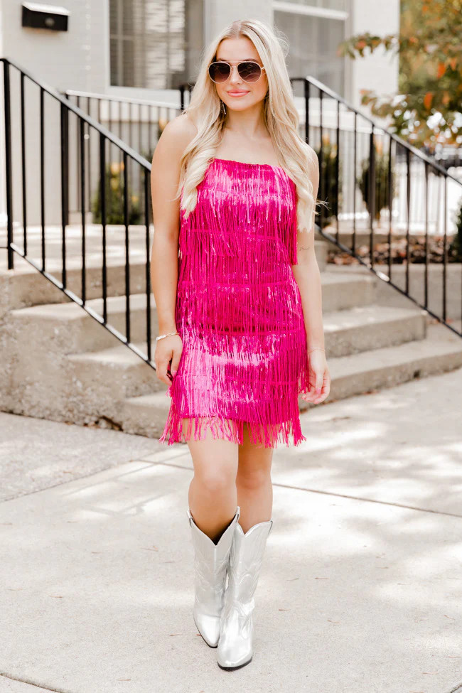 Just Ask Me Pink Sequin Fringe Tank Mini Dress | Pink Lily