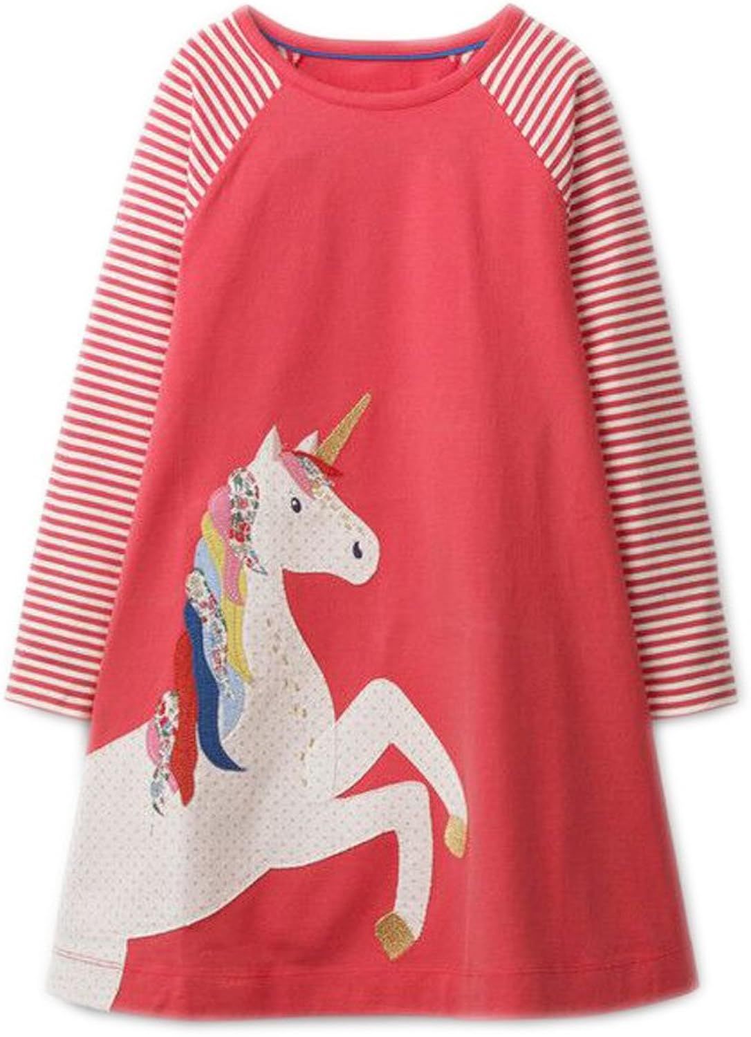 Youlebao Girls Cotton Long Sleeve Casual Cartoon Appliques Striped Jersey Dresses | Amazon (US)