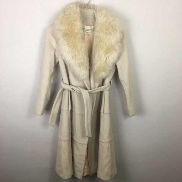 Vintage cream wool  genuine fur collar wrap coat | Poshmark