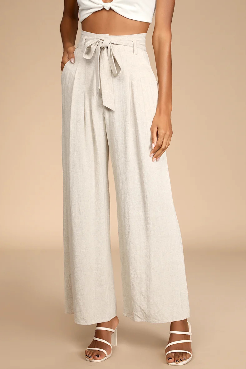 Trend Alert Beige Belted High-Waisted Wide-Leg Pants | Lulus