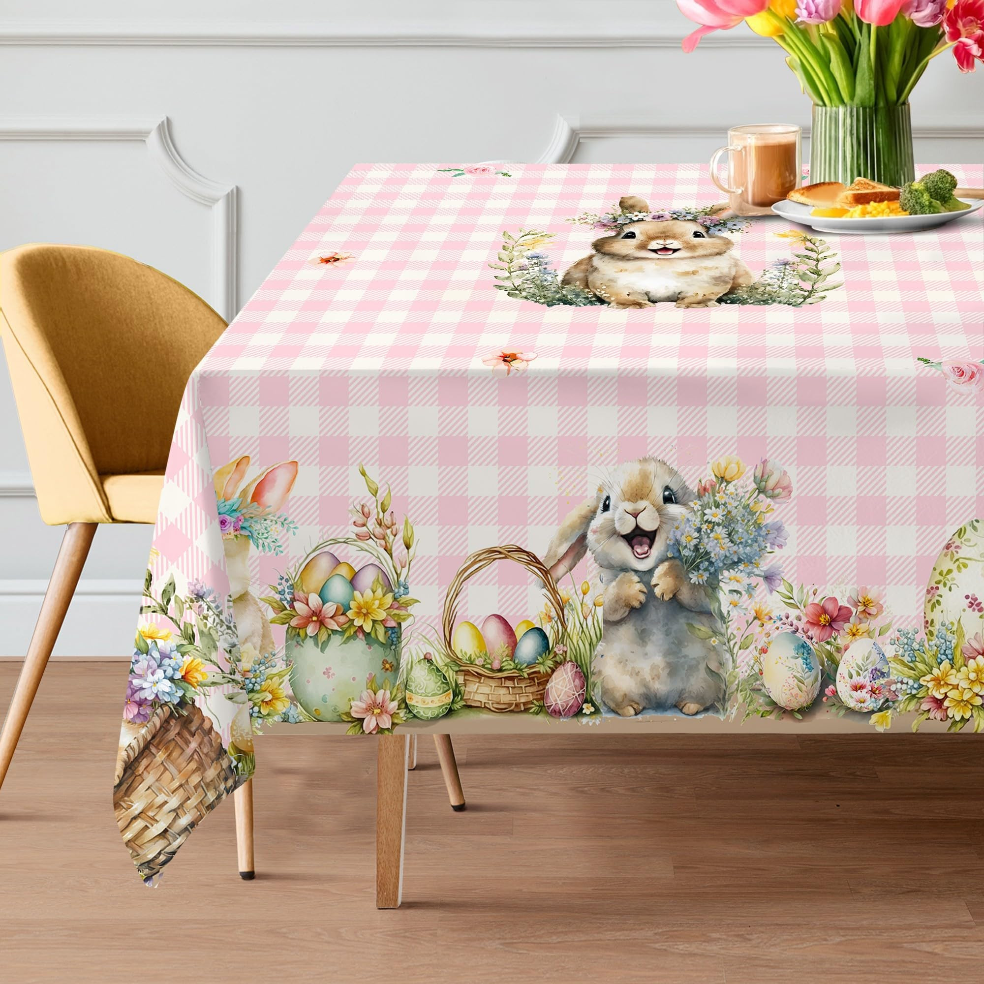 Easter Tablecloth 60x84 Inch Rectangle - Pink Plaid Easter Decorations for The Home - Water Resis... | Amazon (US)