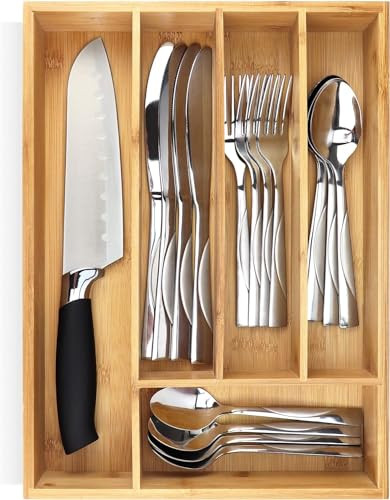 Pristine Bamboo Silverware Organizer– Utensil Organizer for Kitchen Drawers – Small Extra-Deep Wooden Kitchen Drawer Organizer Divider for Spoons Forks Knives cutleries - 5 Slots | Amazon (US)