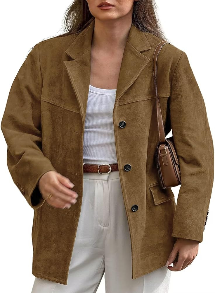 chouyatou Women's Faux Suede Blazer Jacket Notched Lapel Single Breasted Faux Suede Leather Suit ... | Amazon (US)