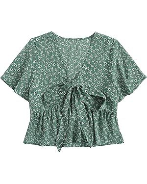 LYANER Women's Floral Print V Neck Tie Knot Ruffle Hem Short Sleeve Blouse Peplum Top | Amazon (US)