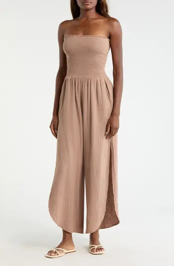 Elan Strapless Smocked Bodice Cotton Gauze Cover-Up Jumpsuit | Nordstrom | Nordstrom