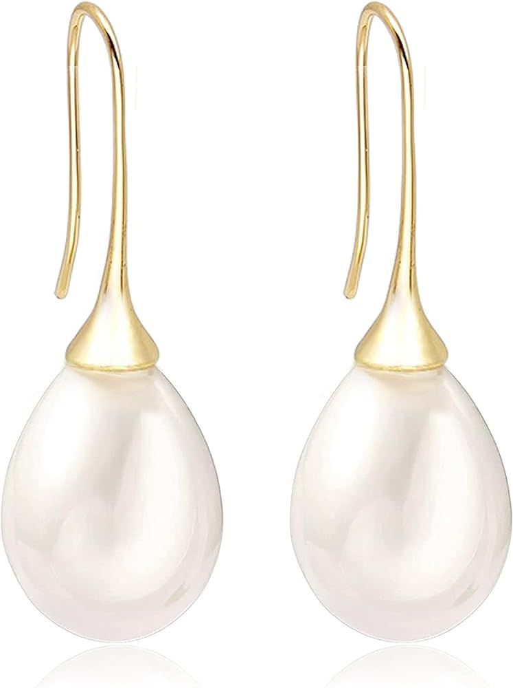 Big White Teardrop Pearl Earrings 18k Gold Plated Hoop Dangle Drop Pearl Earrings Jewelry for Wom... | Amazon (US)
