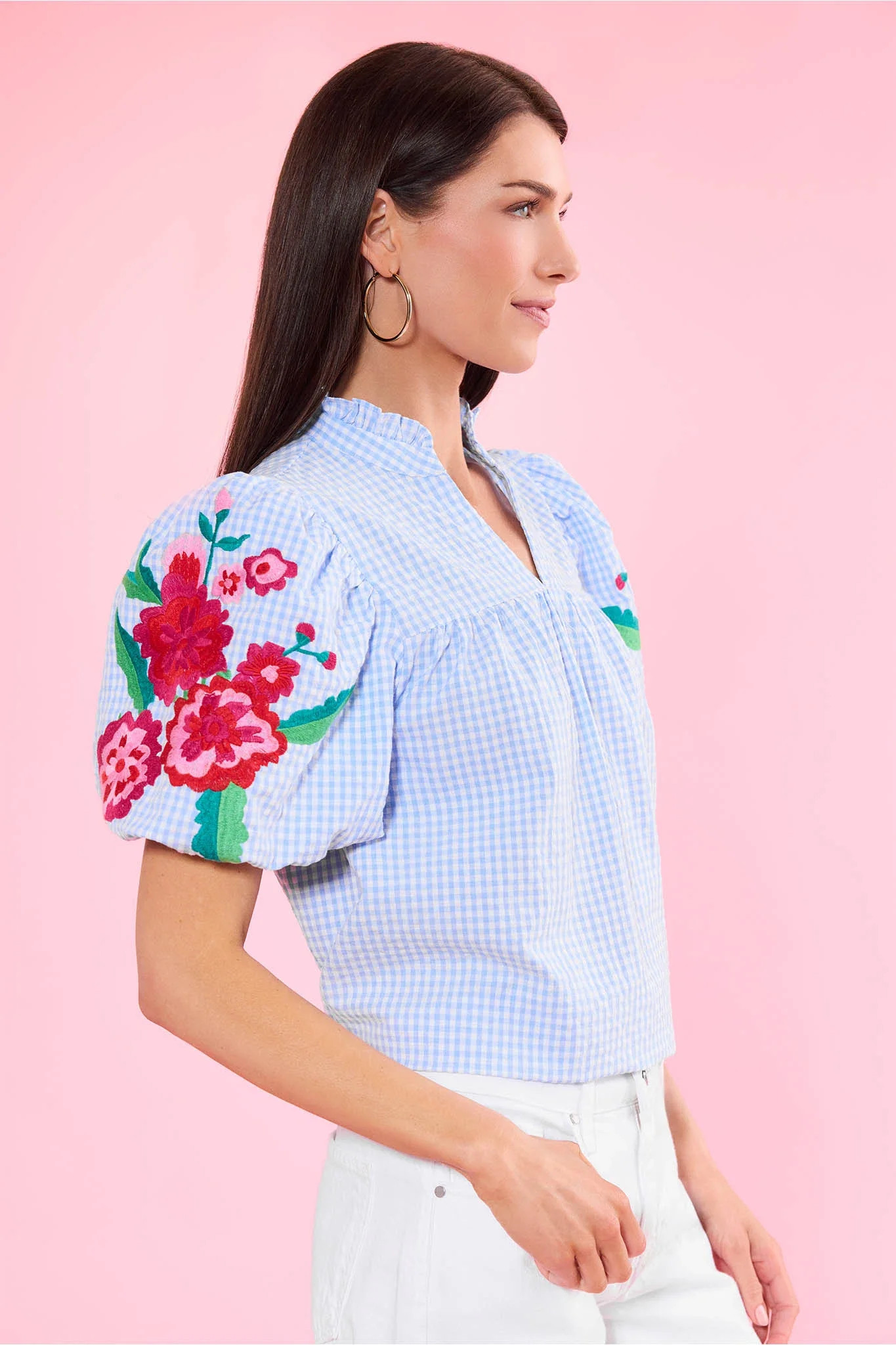 Zoe Blue Gingham Embroidered Top | Avara