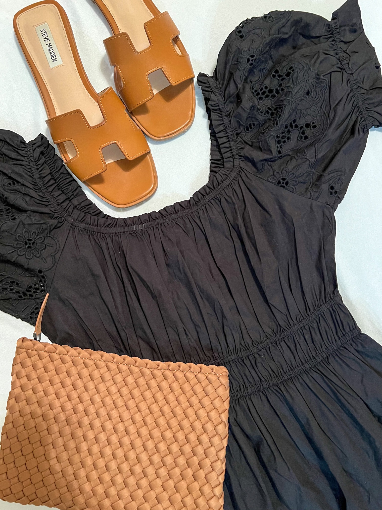 Perfect summer dress H&M
Runs TTS
Comes in multiple colors
Black off the shoulder 
Maxi
Cognac Steve Madden hadyn sandals
H sandals
Naghedi 
Woven handbag with pouch
Cocoa
Vacation outfit
What to pack

#LTKitbag #LTKsalealert #LTKunder50