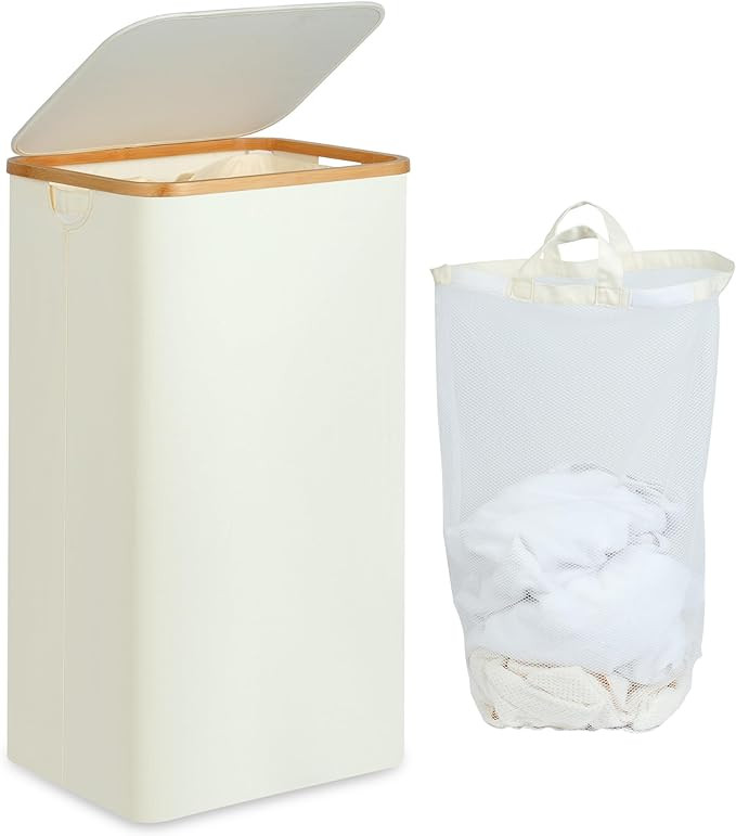 Laundry Basket with Lid and Removable Bag, 100L Tall Laundry Hamper with Bamboo Handles, Aestheti... | Amazon (US)
