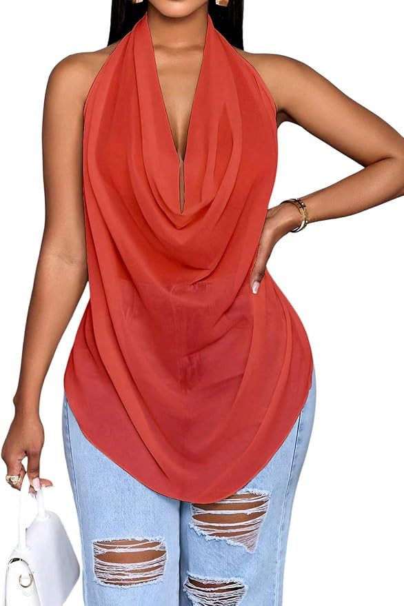 OYOANGLE Cowl Neck Halter Tops for Women Backless See Through Draped Top | Chiffon,Sleeveless,She... | Amazon (US)