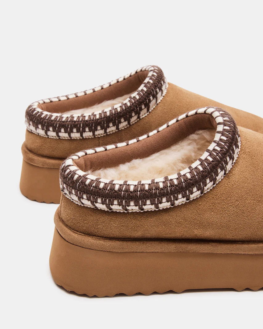 SELENA Chestnut Suede Faux Fur Slip-On Mule Flat | Women's Flats | Steve Madden (US)