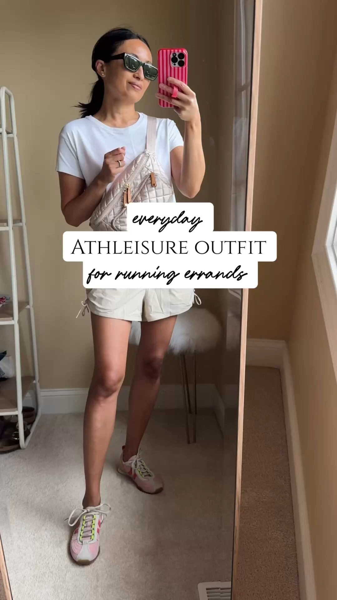 Everyday athleisure outfit for running errands. 
- One of my all-time favorite sport shorts came out with the cute ruched side-tie version. On sale 40% off. I also have them in black and wore them lots for walking and exploring on our last vacation. True to size. 
- I like tops like this that hit near your waist with a relaxed fit. Linking options. 
- Sneakers have been popular and found them restocked in this exact color. True to my Euro size. 
- Good quality sunglasses in a chic shape. 
- Sling bag style is available in multiple colors and is perfect for active days or travel.