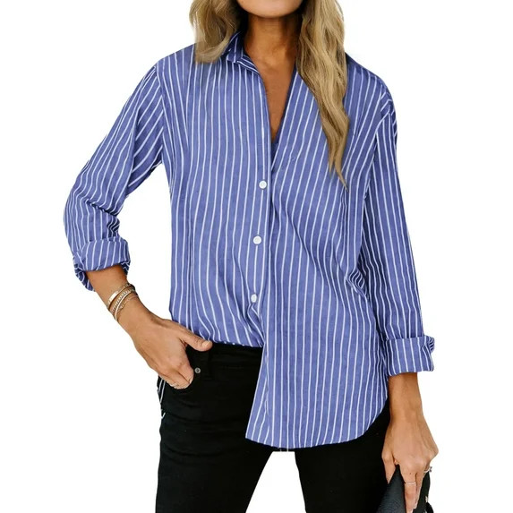 Fantaslook Striped Button Down Shirts for Women Classic Long Sleeve Collared Office Work Blouses ... | Walmart (US)