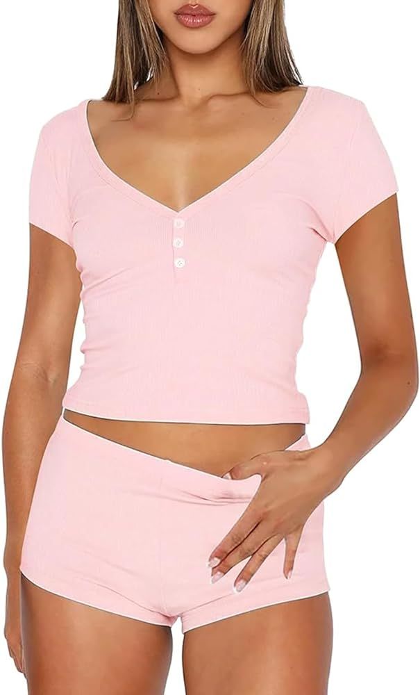 RUEWEY Women 2 Piece Pajama Set Ribbed Knit Short Sleeve Button Up Crop Tops and Shorts Lounge Sl... | Amazon (US)