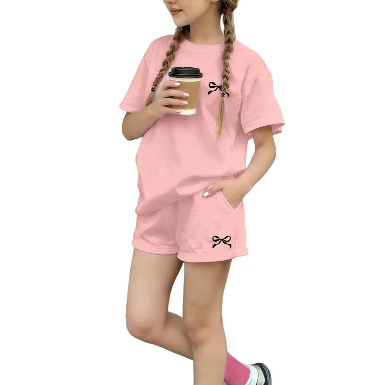 OGLCCG Teen Girls Casual 2 Piece Outfit Set Short Sleeve Crewneck Graphic Tees and Shorts with Po... | Walmart (US)