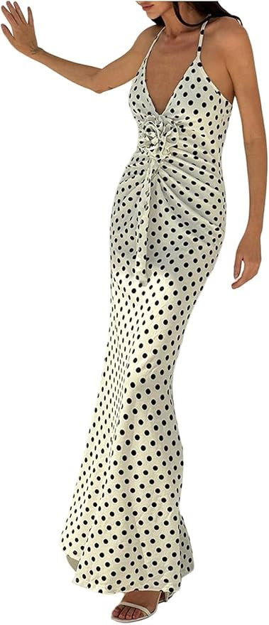 Verdusa Women's 3D Floral Polka Dots Maxi Dress Vintage Criss Cross Fishtail Cami Dresses | Amazon (US)
