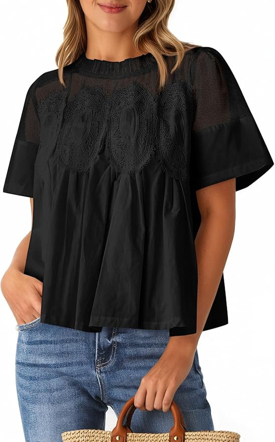 Cicy Bell Womens Babydoll Lace Blouses Short Sleeve Ruffle Crew Neck Peplum Tops Dressy Casual Lo... | Amazon (US)