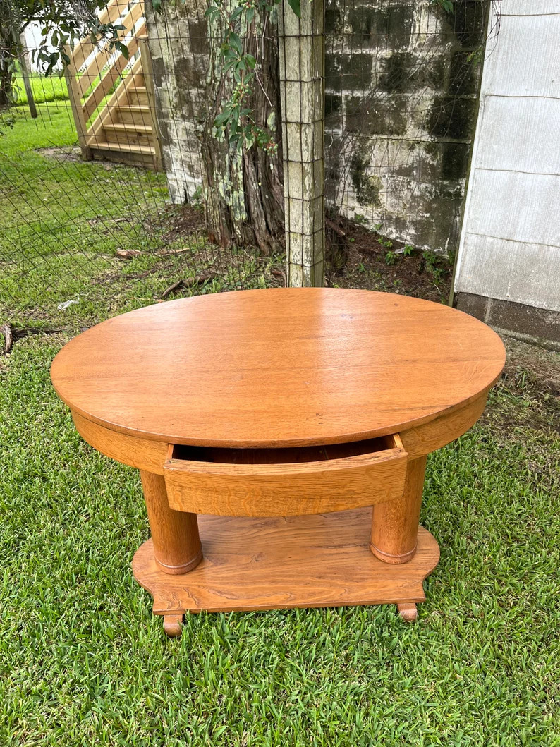 Vintage Quarter Sawn Oak Library Table Oval Empire Design Dual Pillar Single Drawer Antique Pedes... | Etsy (US)