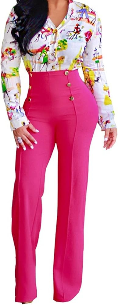 A ADILACA Women's 6-Button Trousers, High Waist Straight-Leg Long Pants | Amazon (US)