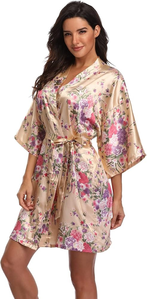Super Shopping-zone Women's Floral Short Satin Bridesmaid Robes Silky Bride Robes Getting Ready | Amazon (US)