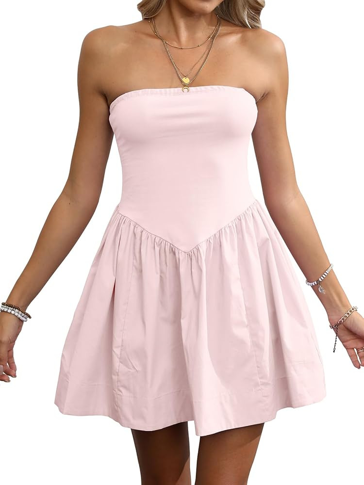Mini Dresses for Women Summer Solid Strapless Tube Hot Shot Sundresses Short Flowy Casual Dress f... | Amazon (US)