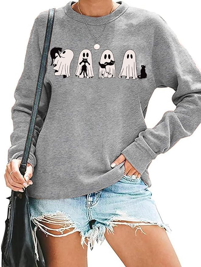 RFBIQI Halloween Ghost Sweatshirt Womens Cute Ghost Cat Graphic Pullover Tops Spooky Season Shirt... | Amazon (US)