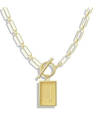 Gold Initial Necklaces for Women, Toggle Clasp Square Letter Pendant Necklace Trendy 14K Gold Pla... | Amazon (US)