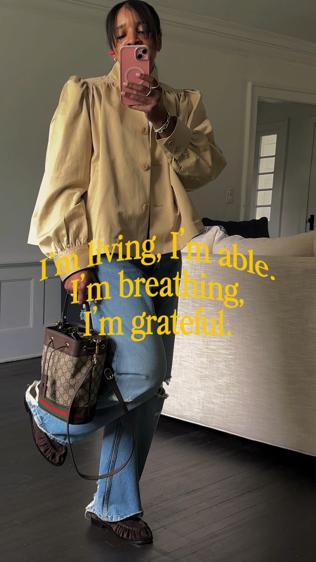 Casual spring outfit denim jeans cropped jacket loafers gucci bucket bag #style #fashion #denim #jeans #datenight 

#LTKgrwm #LTKootd #LTKOver40