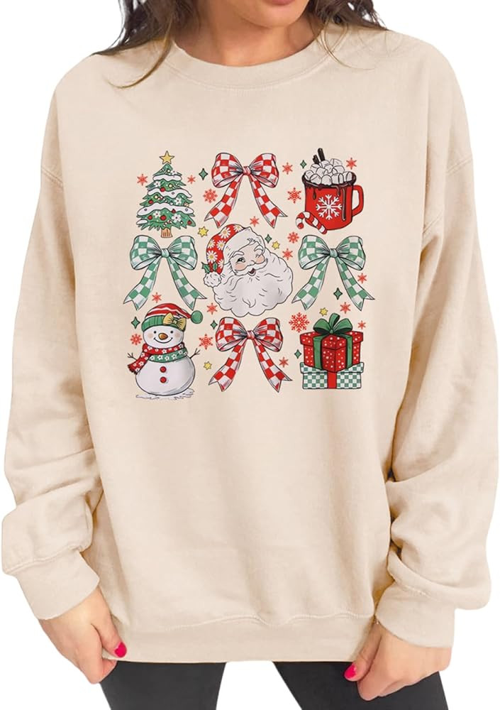 Women Christmas Sweatshirt Cute Santa Xmas Tree Long Sleeve Shirt Fall Winter Crewneck Pullover H... | Amazon (US)